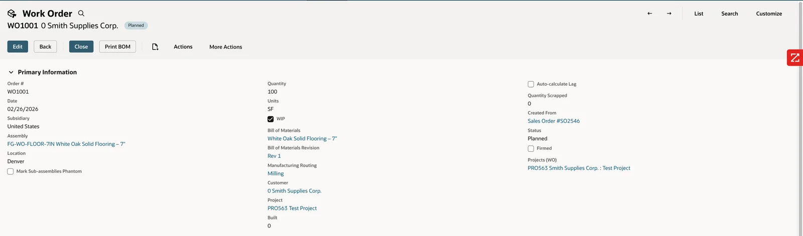 Assigning a project to a Work Order